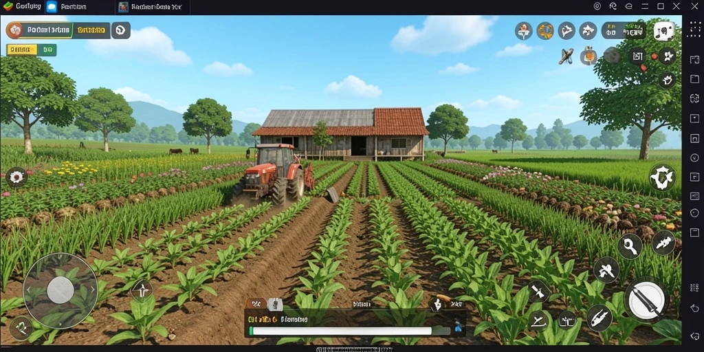 Screenshot gameplay PG11 menunjukkan lahan pertanian yang subur dan aktivitas panen.