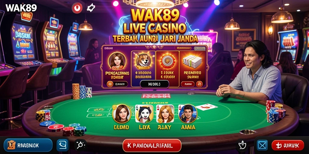 Screenshot gameplay Live Casino WAK89 yang menampilkan dealer langsung dan interaksi pemain.
